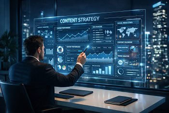 Un arquitecto de contenido diseñando una estrategia de marketing de contenidos con IA para el futuro.