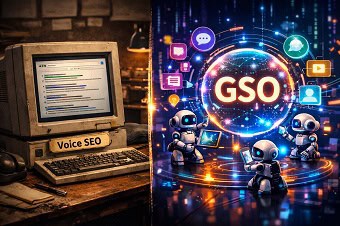 Evolución de la Búsqueda por Voz a GSo Una interfaz futurista de IA generativa emergiendo desde una pantalla de búsqueda antigua, simbolizando la transición de la optimización para búsqueda por voz a GSO (Generative Search Optimization)