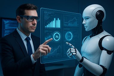 Hombre con traje y gafas de realidad aumentada interactúa con una interfaz digital holográfica junto a un robot humanoide blanco, ambos señalan gráficos y datos tecnológicos en un entorno futurista con código en pantalla de fondo.