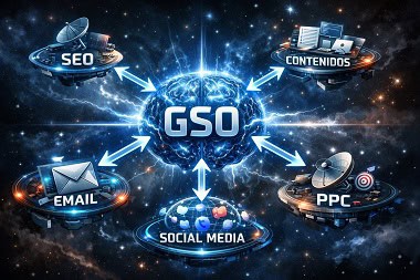 Diagrama que muestra la integración del GSO como núcleo central con estrategias de SEO, Contenidos, PPC, Social Media y Email Marketing, representado como un cerebro conectado a plataformas orbitales.