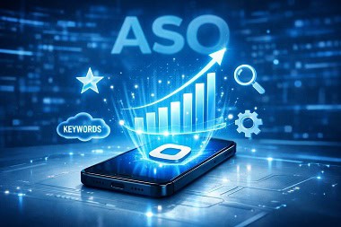 Concepto de SEO para aplicaciones móviles y ASO, mostrando un gráfico de crecimiento exponencial emergiendo de un smartphone, simbolizando el aumento de descargas y visibilidad en las App Stores.