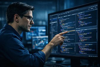 Un desarrollador de software B2B analizando datos en una interfaz de usuario compleja