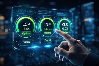 Análisis y Optimización de Core Web Vitals Dashboard con las métricas de Core Web Vitals (LCP, INP, CLS) mostrando resultados optimizados, reflejando una excelente experiencia de usuario.