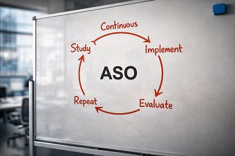 Diagrama en una pizarra que ilustra el ciclo continuo del ASO: investigar, implementar, medir y repetir.