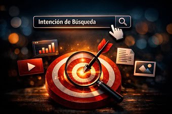 Concepto visual de la intención de búsqueda con un icono de lupa y un objetivo, clave para el contenido SEO.