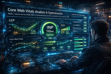 Informe de PageSpeed Insights mostrando puntuaciones de rendimiento, accesibilidad, buenas prácticas y SEO, con un enfoque en las métricas de Core Web Vitals.