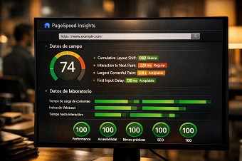 Diagnóstico de Core Web Vitals con PageSpeed Insights Informe de PageSpeed Insights mostrando puntuaciones de rendimiento, accesibilidad, buenas prácticas y SEO, con un enfoque en las métricas de Core Web Vitals.