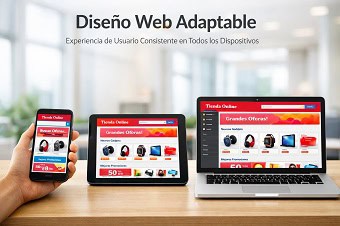 Diseño de página web adaptable que se muestra en un teléfono móvil, una tablet y un portátil, crucial para el SEO y la UX.