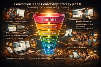 Embudo de Conversión GSO Un embudo dee conversión digital mostrando el flujo de usuarios hacia un objetivo final.