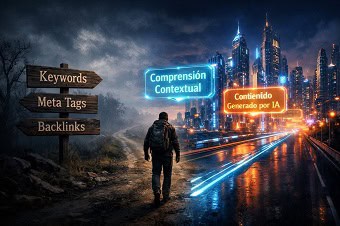 Evolución de la búsqueda desde una enciclopedia de papel hasta un smartphone moderno.