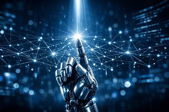 Mano robótica en contacto con un punto de luz en una red digital, generando una explosión de luz que simboliza la capacidad de respuesta técnica y el INP.