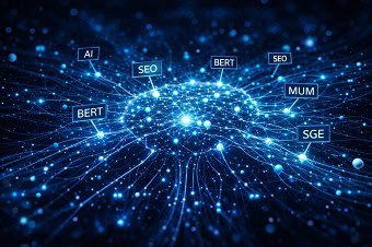 La Red Neuronal de la Búsqueda Moderna Red neuronal abstracta que simboliza la evolución del SEO con IA como BERT y MUM.