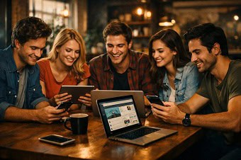 Personas Interactuando GSO Un grupo de personas sonriendo mientras interactúan con un sitio web en diferentes dispositivos.