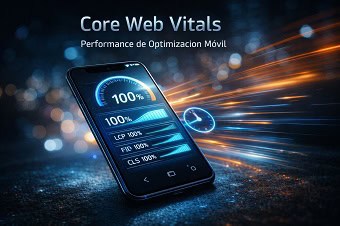 Gráfica de Core Web Vitals mostrando métricas de velocidad optimizadas en un dispositivo móvil.