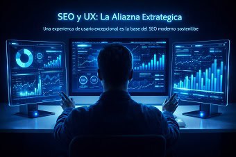 Persona interactuando con una interfaz de usuario moderna, simbolizando la importancia de la experiencia de usuario y el SEO.