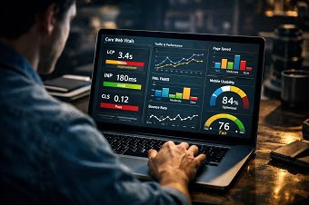 analisis-core-web-vitals-seo-on-page Profesional de SEO analizando el informe de Core Web Vitals en la pantalla de un portátil, mostrando métricas de LCP, INP y CLS para la optimización on-page.