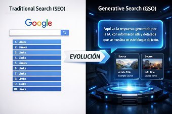evolucion-seo-a-gso Comparativa visual de la evolución de la búsqueda tradicional SEO a la búsqueda generativa GSO con inteligencia artificial.