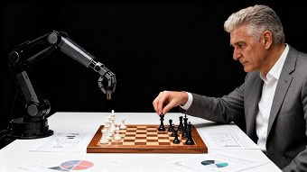 Orlando Fussoni, estratega SEO, jugando una partida de ajedrez contra un brazo robótico, simbolizando la unión de la estrategia humana y la inteligencia artificial.