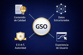 pilares-fundamentales-gso Infografía de los 4 pilares del Generative Search Optimization (GSO): Contenido de Calidad, Datos Estructurados, Autoridad E-E-A-T y Experiencia de Usuario.