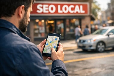 Hombre utilizando su móvil para buscar un negocio local en un mapa, ilustrando el concepto de SEO Local.
