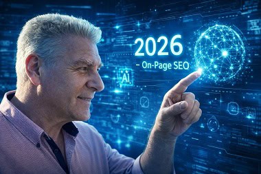 Orlando, experto en SEO, interactuando con una visualización de red neuronal de IA para ilustrar las estrategias de SEO on-page para 2026.