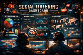 social-listening-para-seo Un dashboard digital mostrando gráficos y análisis de sentimiento de conversaciones en redes sociales, representando el social listening.