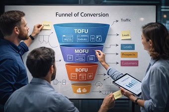Diagrama del Funel de Conversión Equipo de marketing planificando una estrategia de contenido sobre embudo de conversión con las etapas TOFU, MOFU y BOFU para generar leads y clientes.