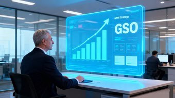 GSO Strategy - El Futuro del Posicionamiento Orlando Fussoni analizando una estrategia GSO (Generative Search Optimization) en una pantalla holográfica.