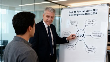 Orlando Fussoni explicando la hoja de ruta de un curso SEO para emprendedores en un pizarrón.