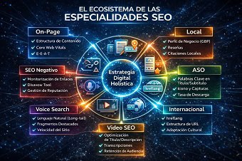 Infografía que desglosa el ecosistema de las especialidades del SEO, desde On-Page hasta Voice Search.