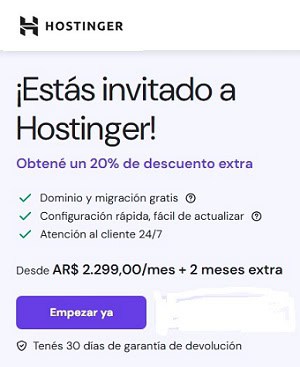 Planes de alojamiento web Hostinger Anuncio de Hostinger con 20% de descuento extra en planes de hosting, que incluye dominio gratis y soporte 24/7.