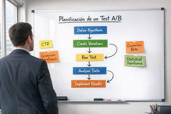Pizarra con un plan estratégico de SEO y Test A/B para títulos.
