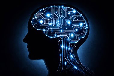 SEO Cognitivo Guía Definitiva Un cerebro humano estilizado compuesto por circuitos digitales y nodos de luz, representando la fusión del SEO Cognitivo y la inteligencia artificial.