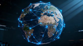 Mapa del mundo con líneas de conexión digitales que unen diferentes países, simbolizando el SEO internacional.