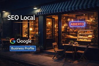 Fachada de una acogedora cafetería local con un letrero de "Abierto", optimizada para SEO Local.