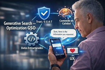 Ecosistema de la Optimización para Búsqueda Generativa (GSO) mostrando cómo la confianza, los datos estructurados, el contenido de calidad y la experiencia de usuario se combinan para entregar respuestas de IA.