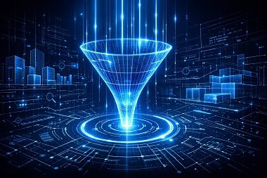 arquitectura seo para saas embudo crecimiento Representación digital de una arquitectura SEO para SaaS, con un embudo de datos luminoso simbolizando un crecimiento predecible.