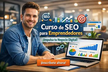 curso-seo-para-emprendedores Joven emprendedor promocionando el Curso de SEO para Emprendedores con un portátil que muestra gráficos de análisis SEO.