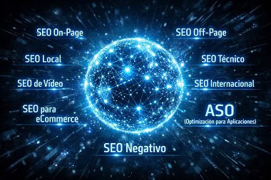 especialidades-seo-ecosistema-digital Infografía conceptual que muestra las principales especialidades del SEO, como SEO Técnico, Off-Page y Local, orbitando una esfera de red digital que simboliza el universo de la optimización.