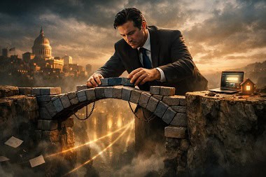 estrategia-link-building-seo-off-page Un hombre de negocios construyendo un puente con bloques, representando una estrategia de link building en SEO Off-Page.