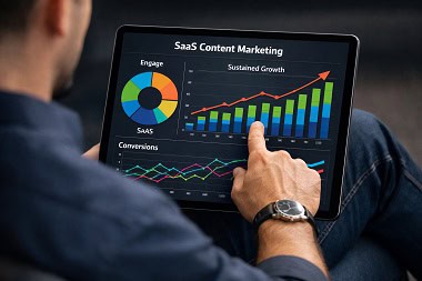 Gráficos de crecimiento en una tablet, representando el éxito de una estrategia de marketing de contenidos para SaaS.