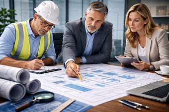 Planificación-Estratégica-Arquitectura-Web-Constructora Equipo de directivos de constructora planificando la arquitectura web para mejorar el SEO.