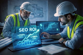 Planificando el Éxito Digital en la Obra Dos ingenieros o arquitectos discutiendo el ROI del SEO para su constructora.