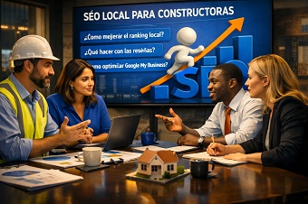Equipo de profesionales discutiendo una estrategia de SEO Local para constructoras.