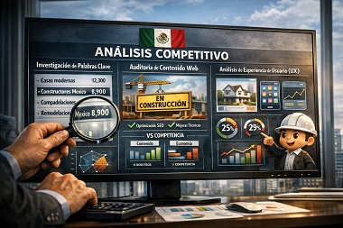 Gráfico de un tablero estratégico mostrando el análisis de la presencia digital de una empresa constructora en México, con enfoque en SEO y contenido.