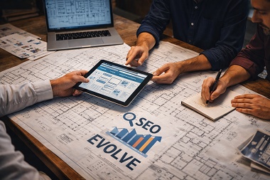 Un equipo de arquitectos y desarrolladores revisando el plano de la arquitectura web de una empresa constructora en una tablet.