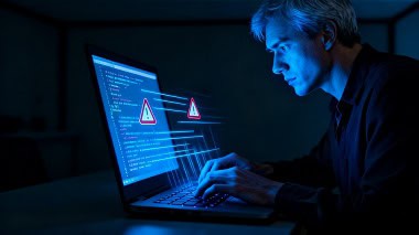 Consultor SEO profesional detectando en tiempo real las alertas de un ataque SEO negativo en la pantalla de su portátil.