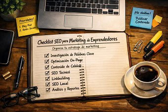 checklist-seo-para-marketing-de-emprendedores Checklist de SEO para emprendedores en un escritorio junto a un portátil.