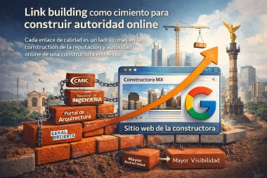 Infografía mostrando cómo el link building funciona como cimiento para construir la autoridad online de una empresa constructora en México.