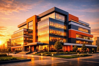 Fachada de un moderno edificio de oficinas construido por una empresa líder, demostrando su capacidad para grandes proyectos.